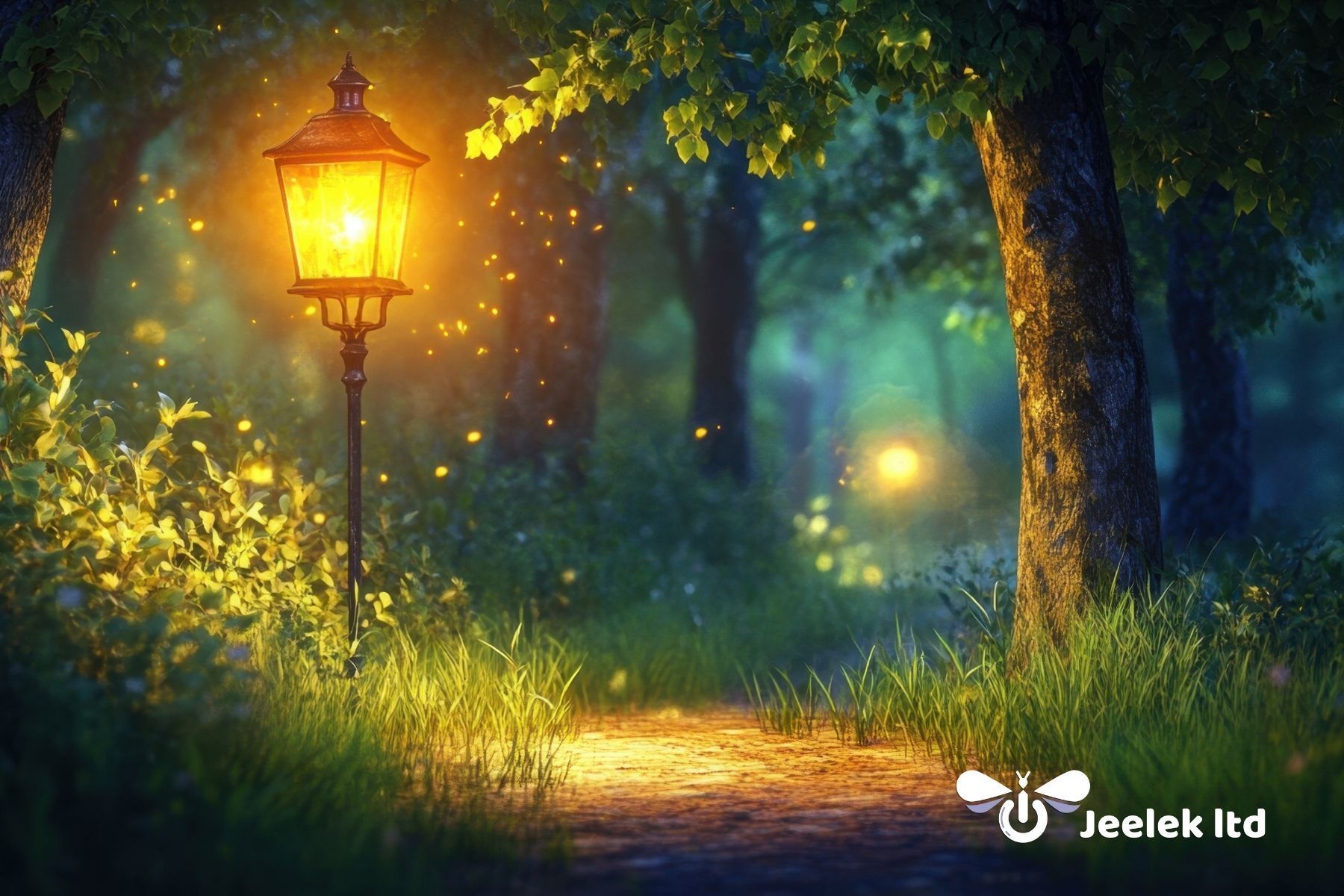 A glowing lantern lights a path through a magical forest at dusk; golden light and fireflies.