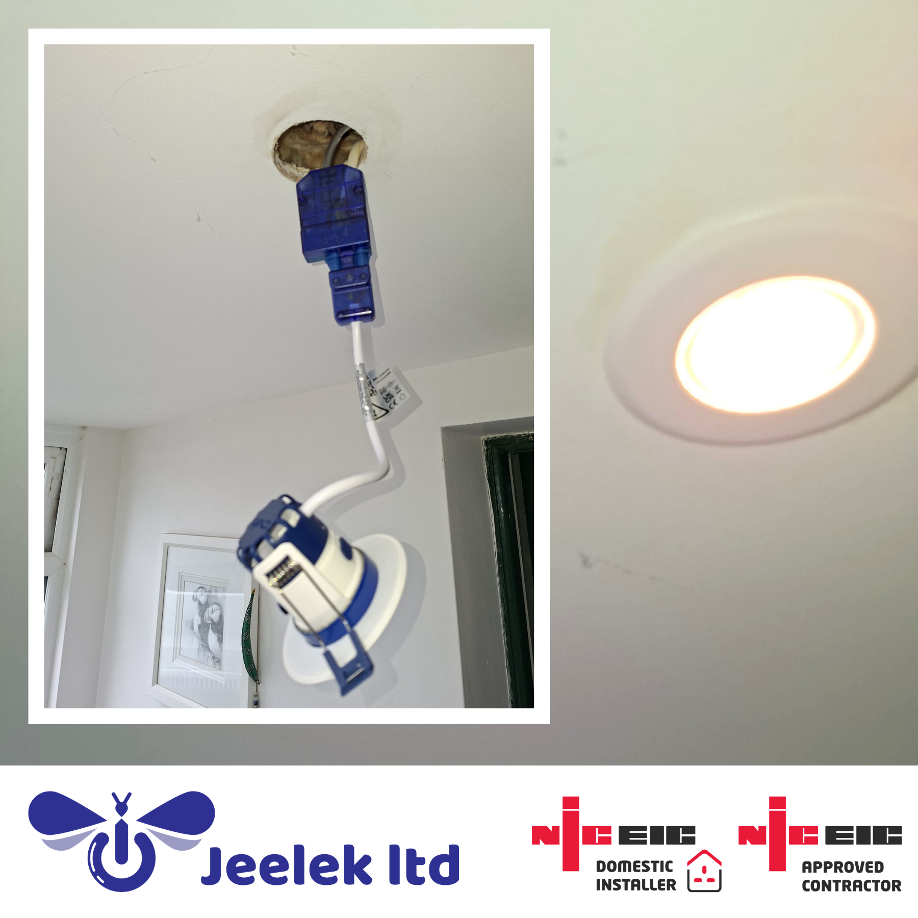 Ceiling with recessed lights above a window in a white room