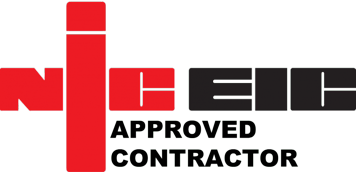 A red and black logo for an approved contractor