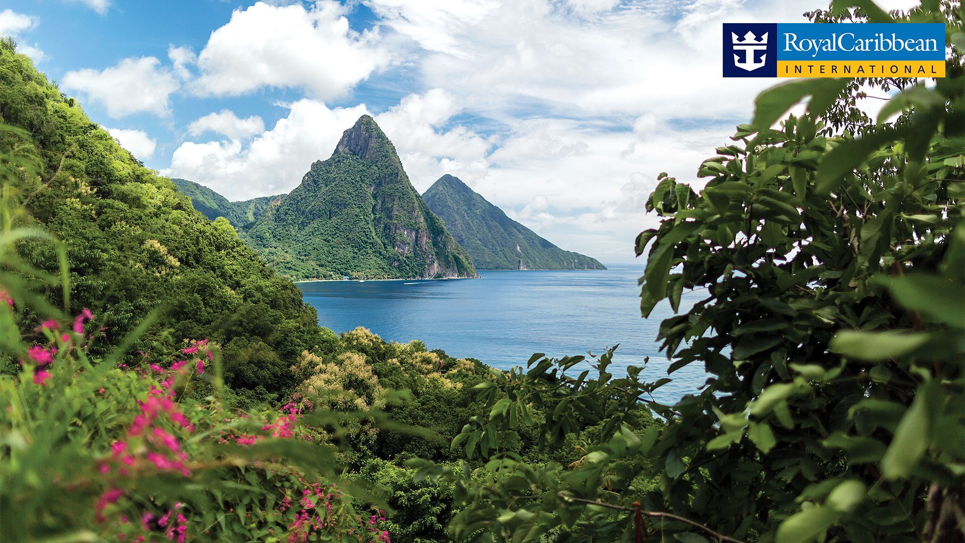 Emerald mountains rising from turquoise sea, framed by lush green foliage and pink flowers.