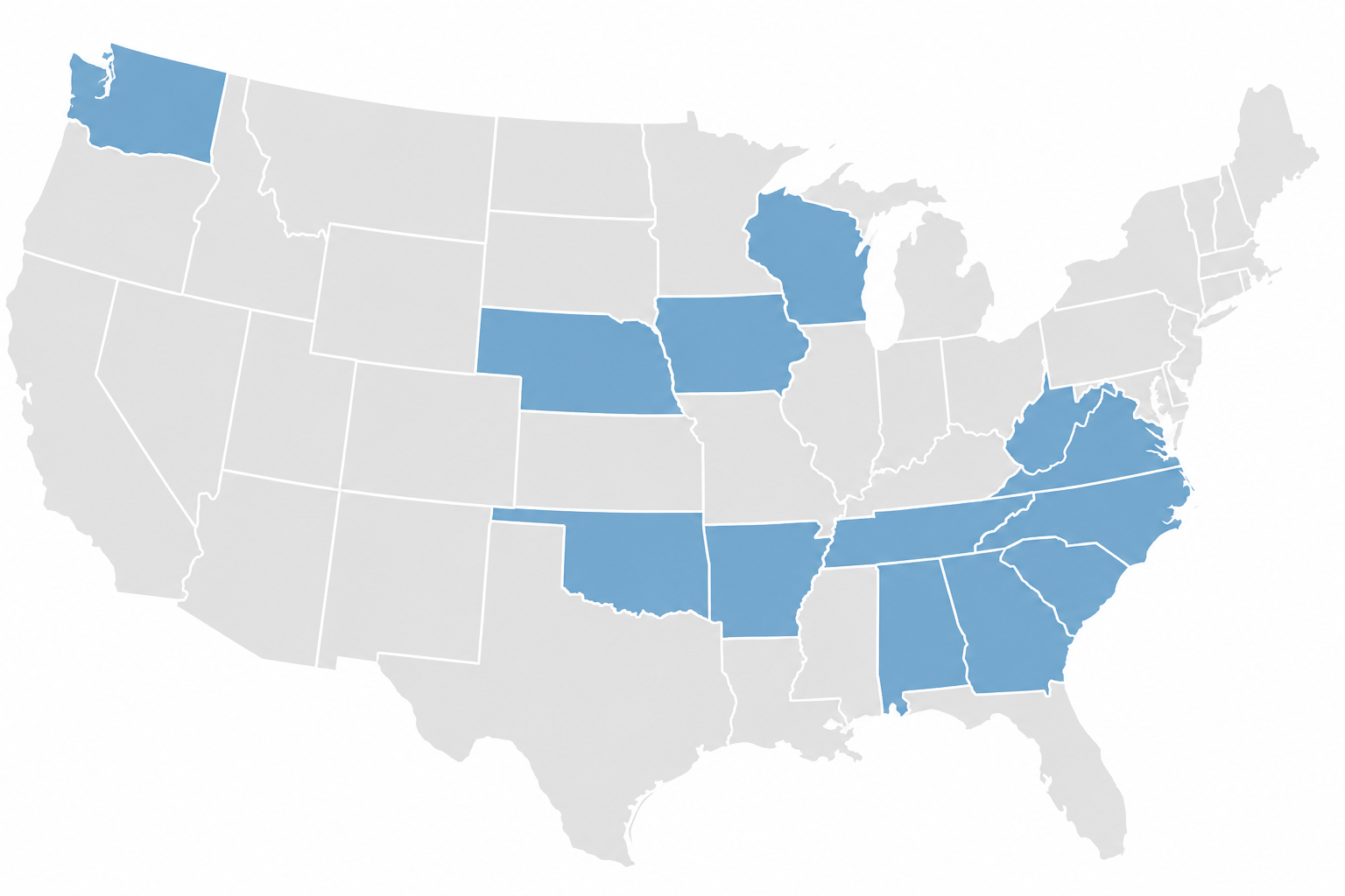 Blue-highlighted U.S. states on a gray map of the United States