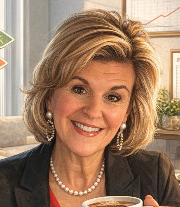 Smiling woman in a dark blazer and pearl jewelry holding a cup indoors