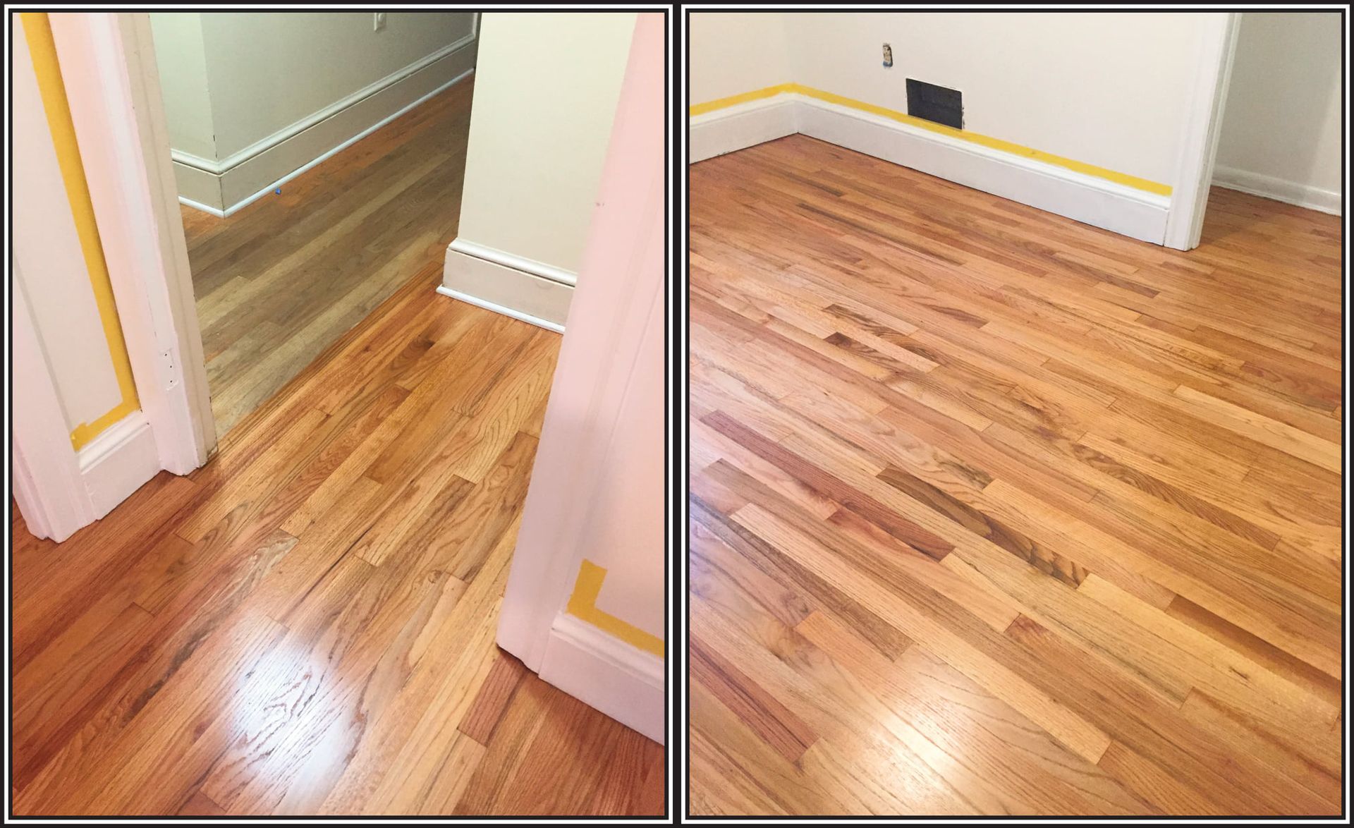A before and after photo of a wooden floor