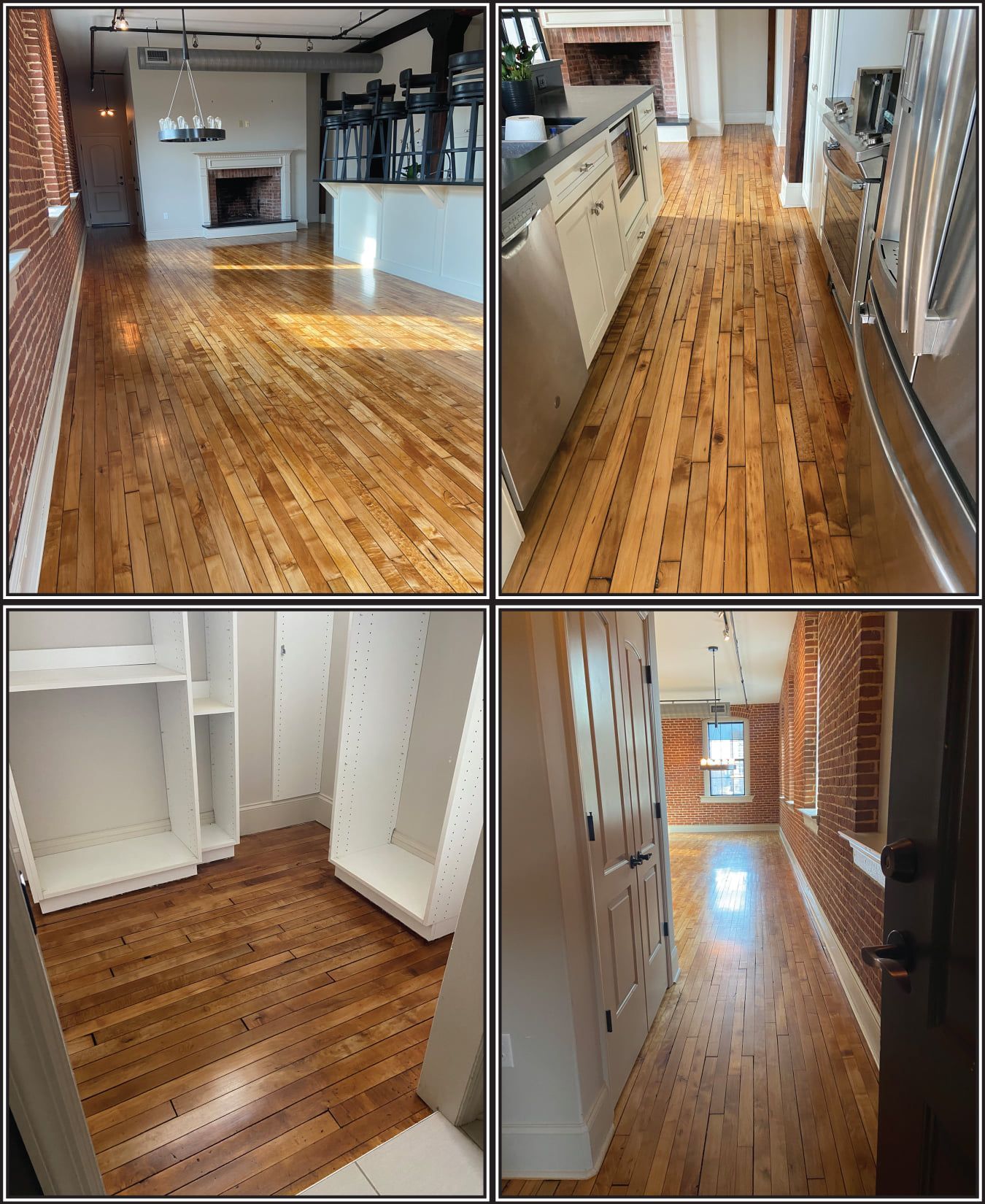 A collage of four pictures of wooden floors in a house