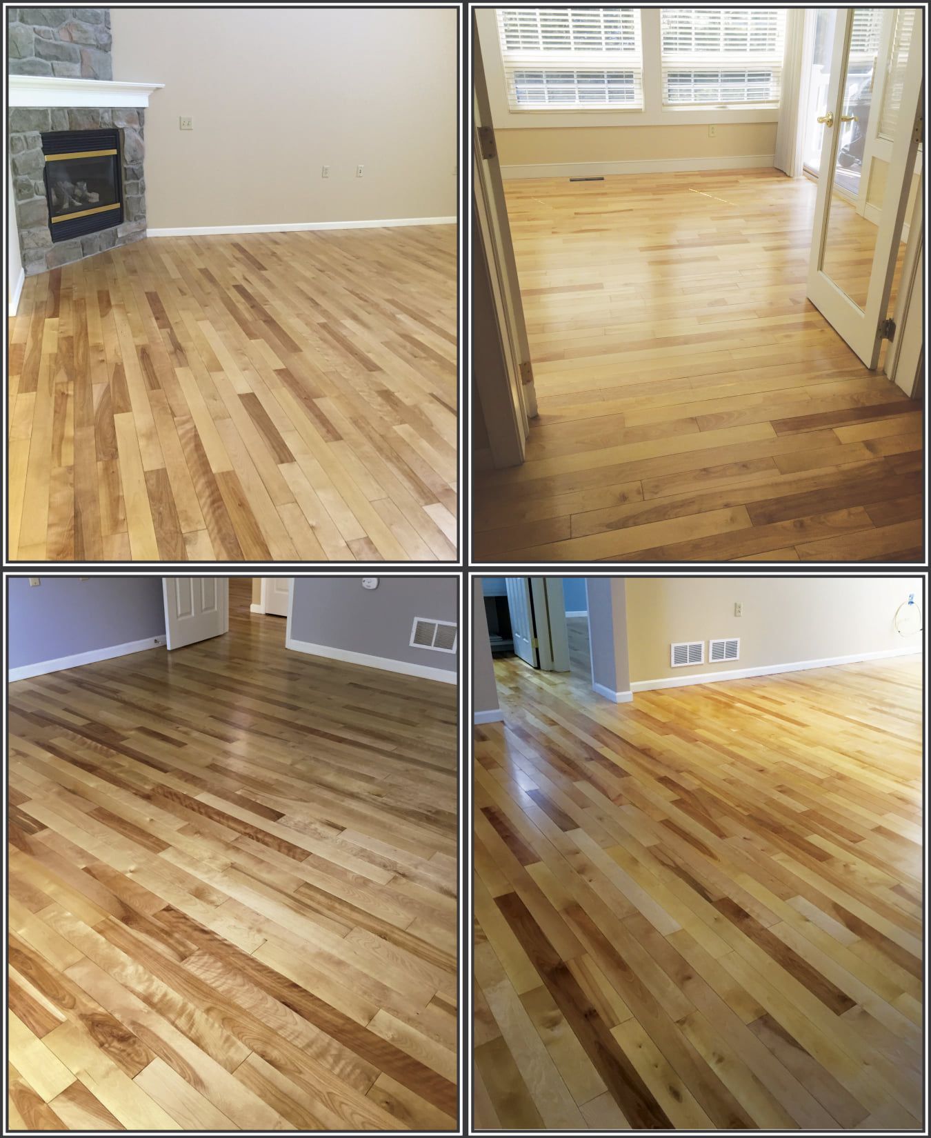 Four pictures of a wooden floor in a living room