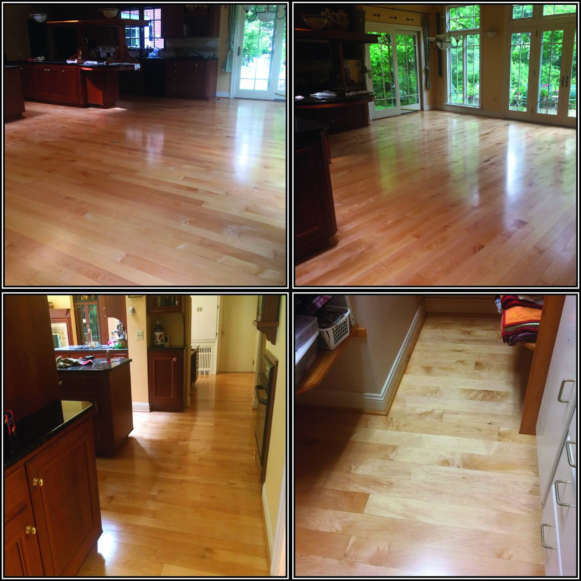 Four pictures of a wooden floor in a house