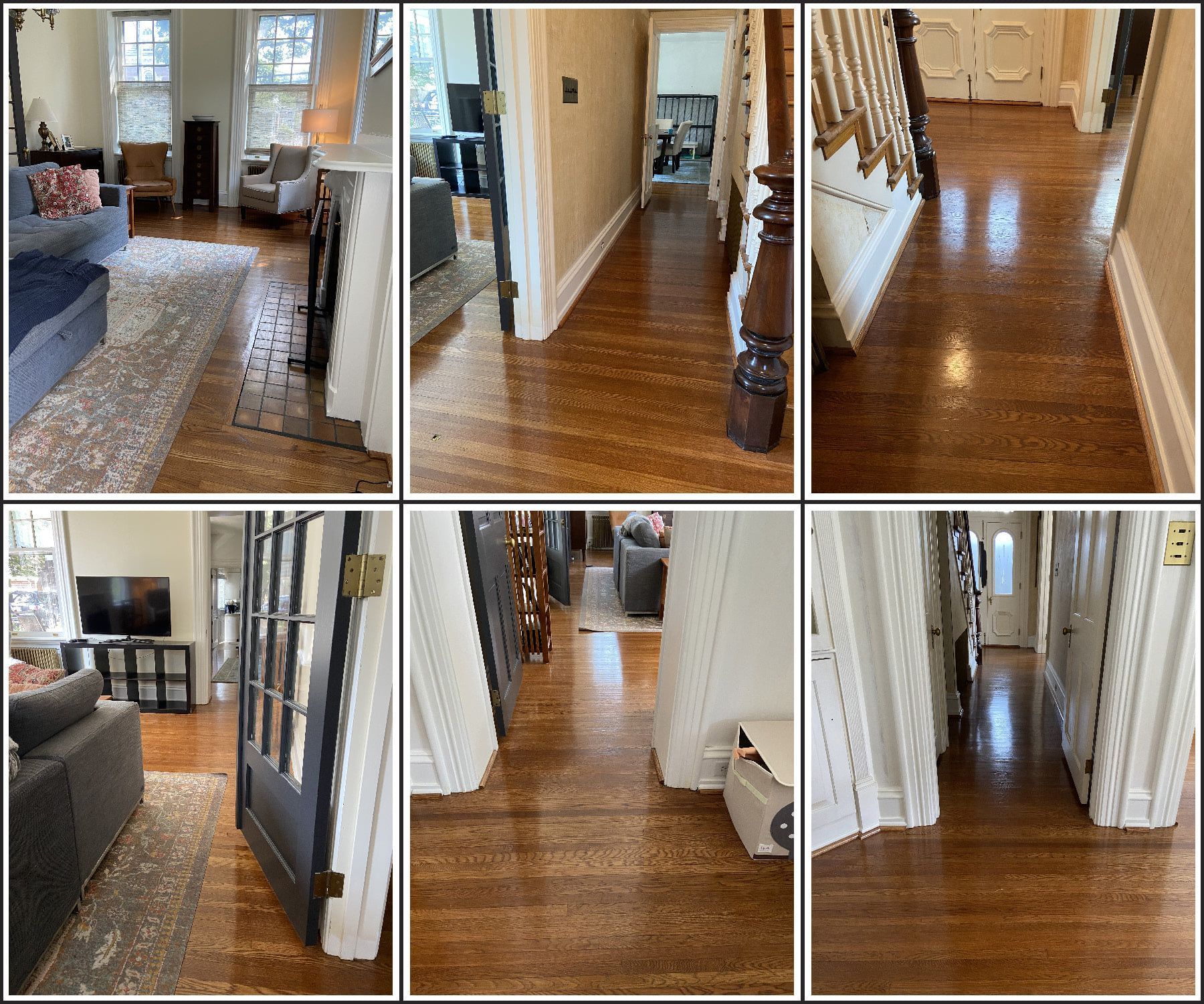 A collage of photos of a living room and hallway