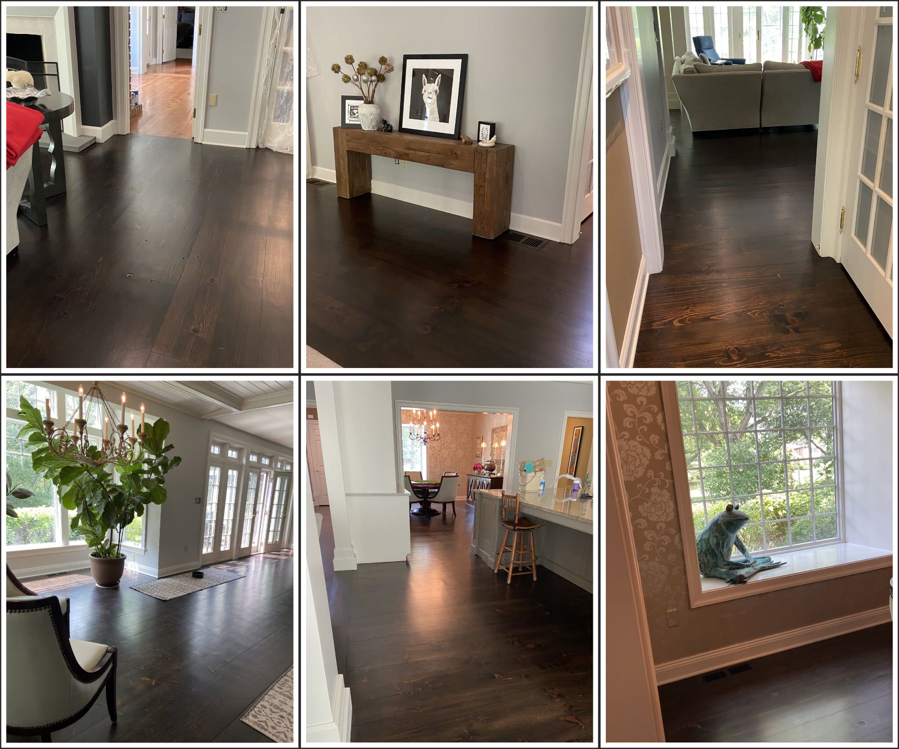 A collage of pictures of a living room with dark wood floors.