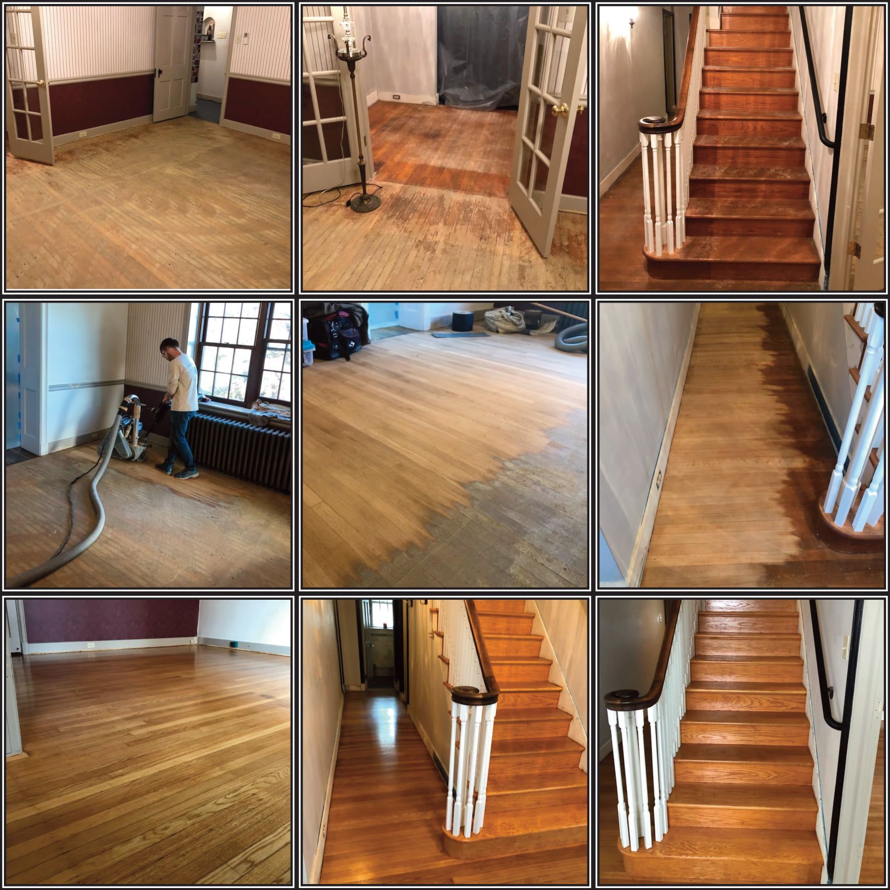 A collage of pictures of a wooden floor and stairs being restored.