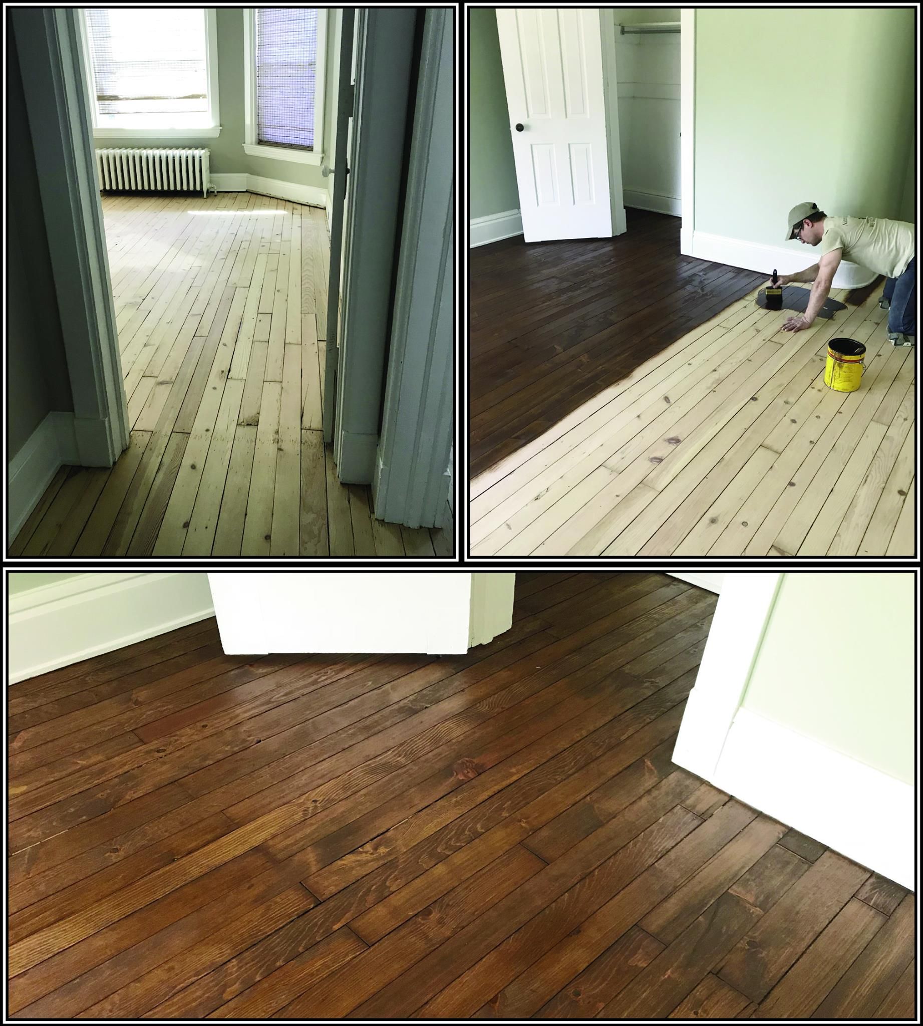 A man is working on a wooden floor in a room