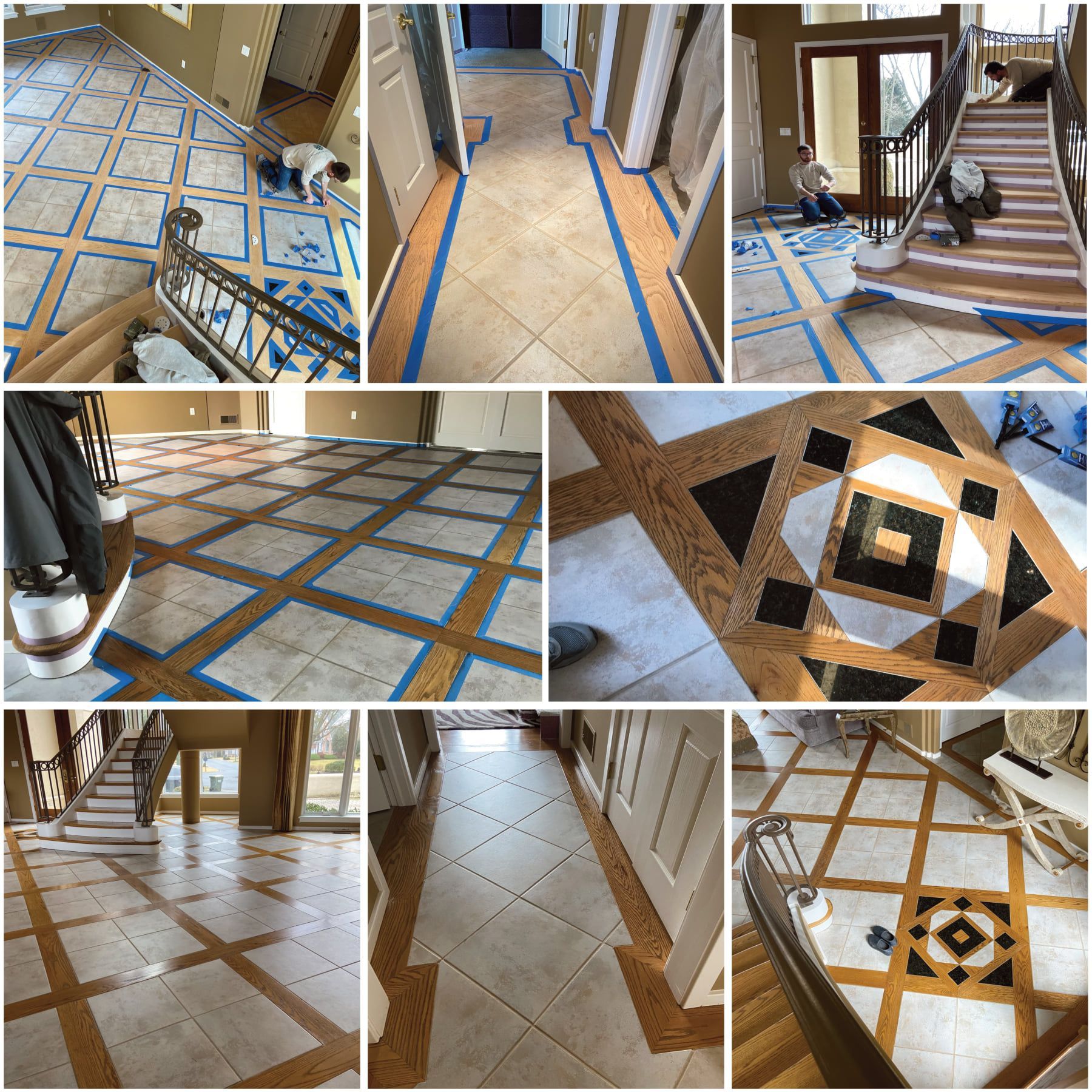 A collage of pictures of a tiled floor being painted