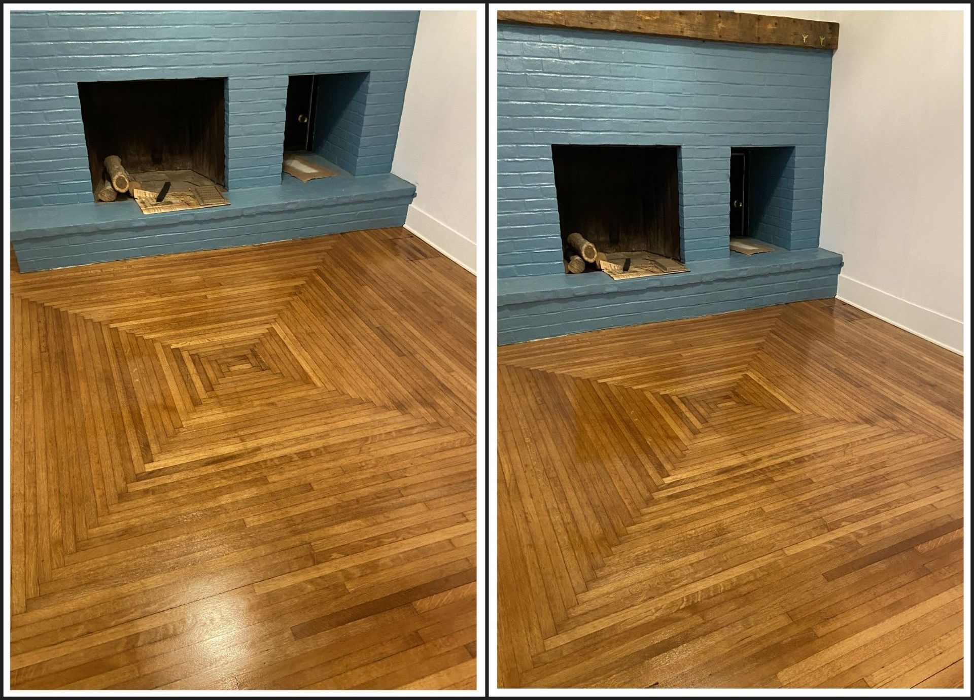 A before and after photo of a wooden floor with a fireplace in the background.