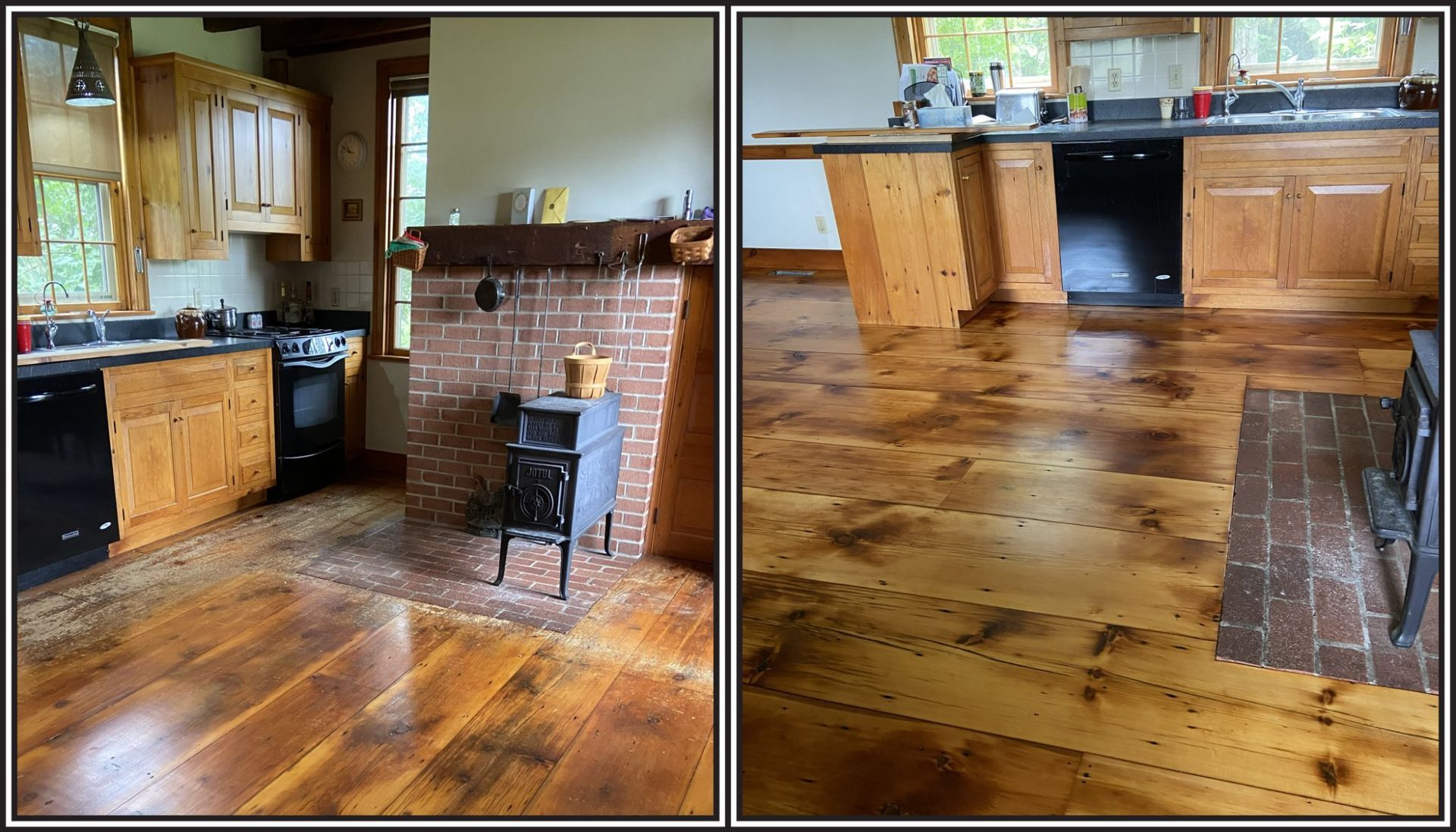 A kitchen with wooden floors and a fireplace