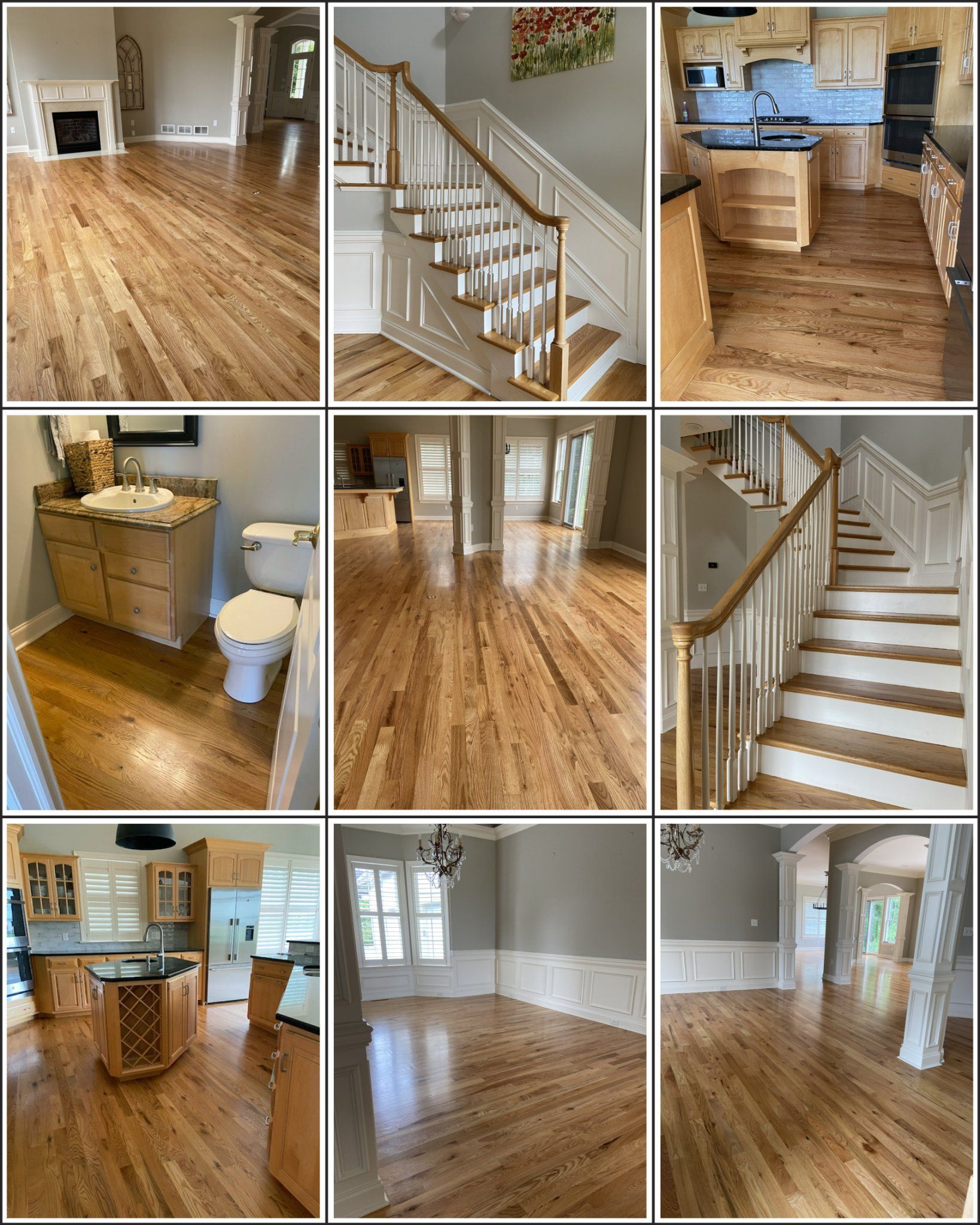 A collage of pictures of a house with hardwood floors