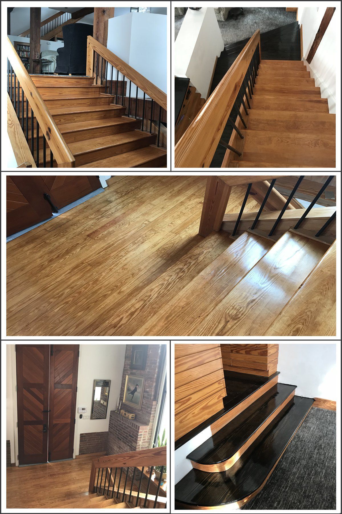 A collage of four pictures of a wooden staircase in a house.