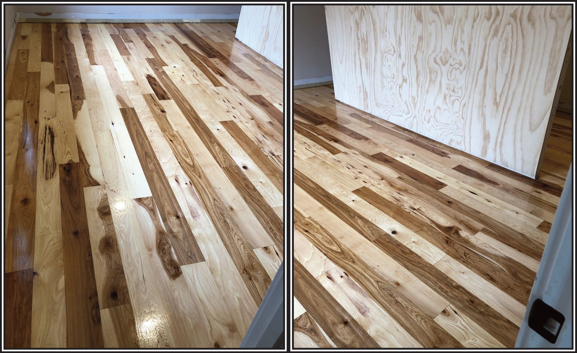 Two pictures of a wooden floor in a room.