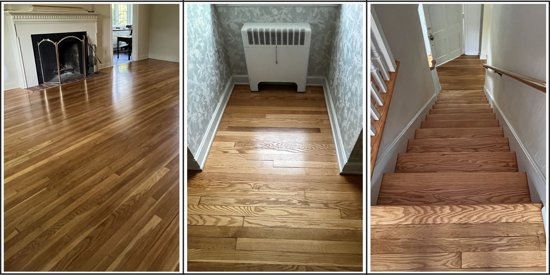 A collage of three pictures of a wooden floor and stairs.