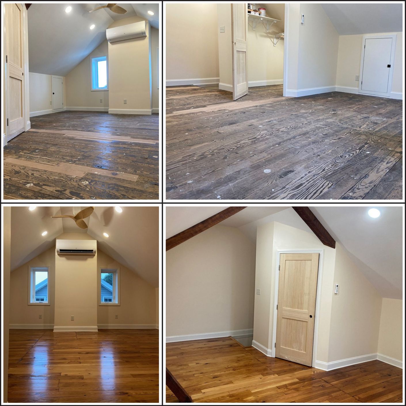 A collage of four pictures of a room with hardwood floors