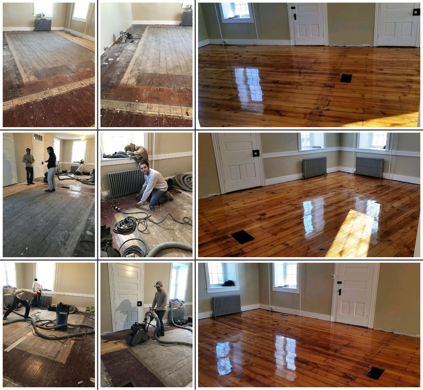 A collage of photos showing a wooden floor being restored