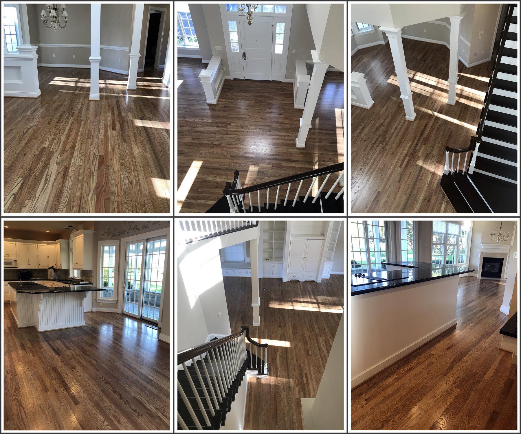 A collage of photos of a house with hardwood floors