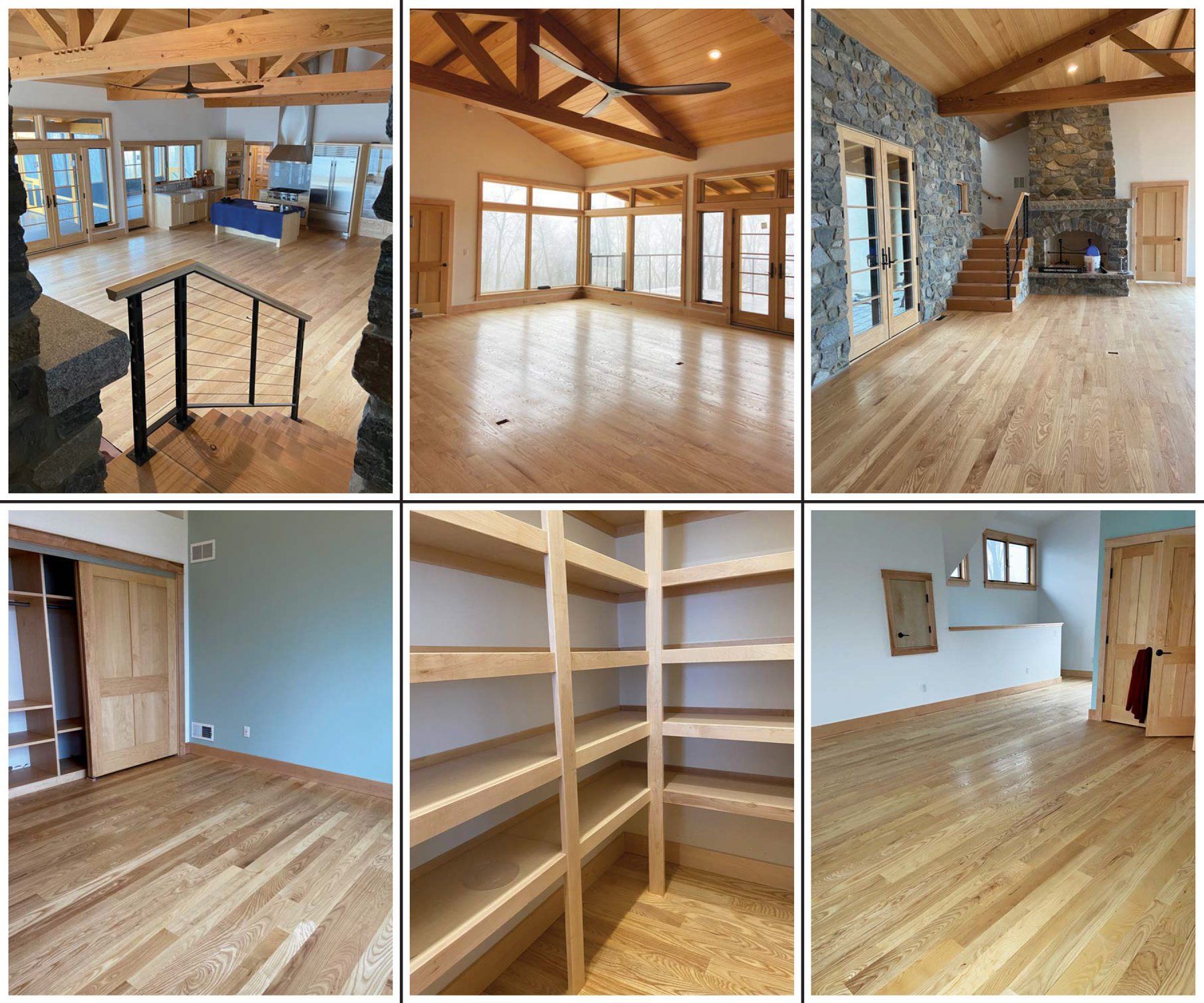 A collage of pictures of a house with wooden floors
