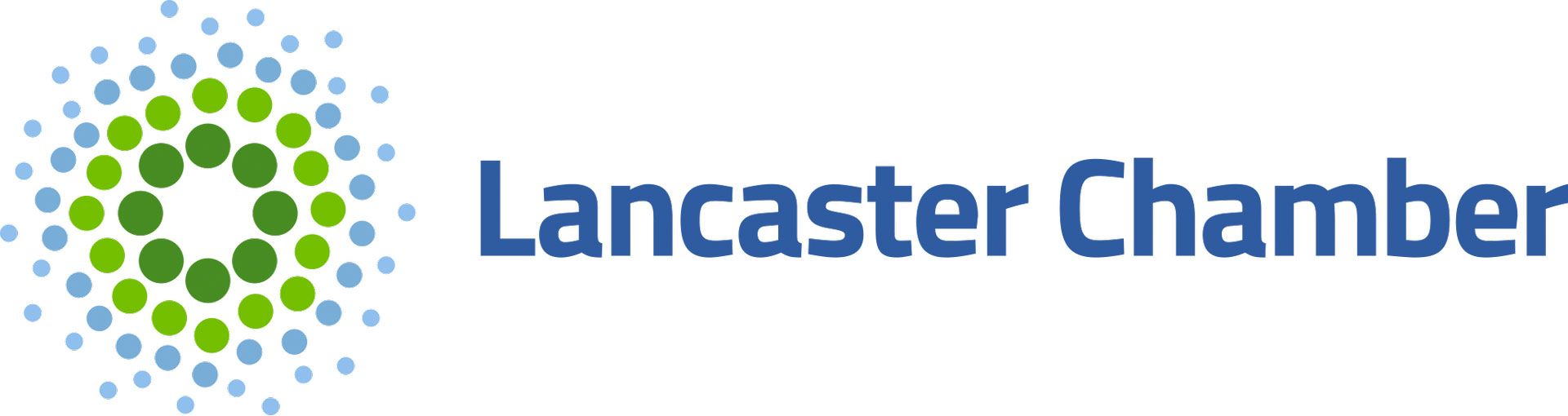 A logo for the lancaster chamber with a blue and green circle