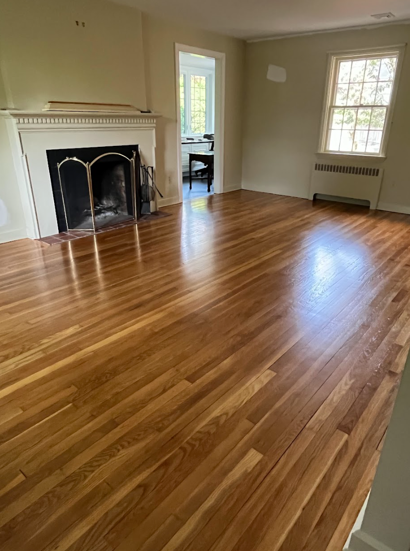 A living room with hardwood floors and a fireplace.
