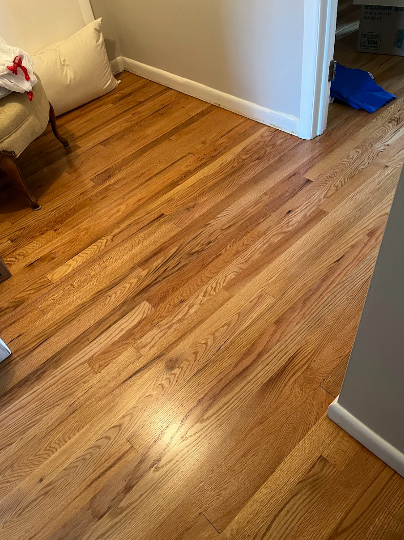 A living room with hardwood floors and a chair.