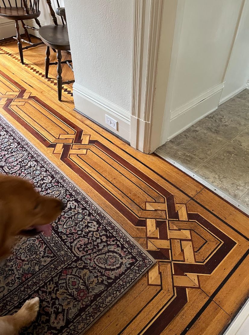A dog is standing on a wooden floor next to a rug.