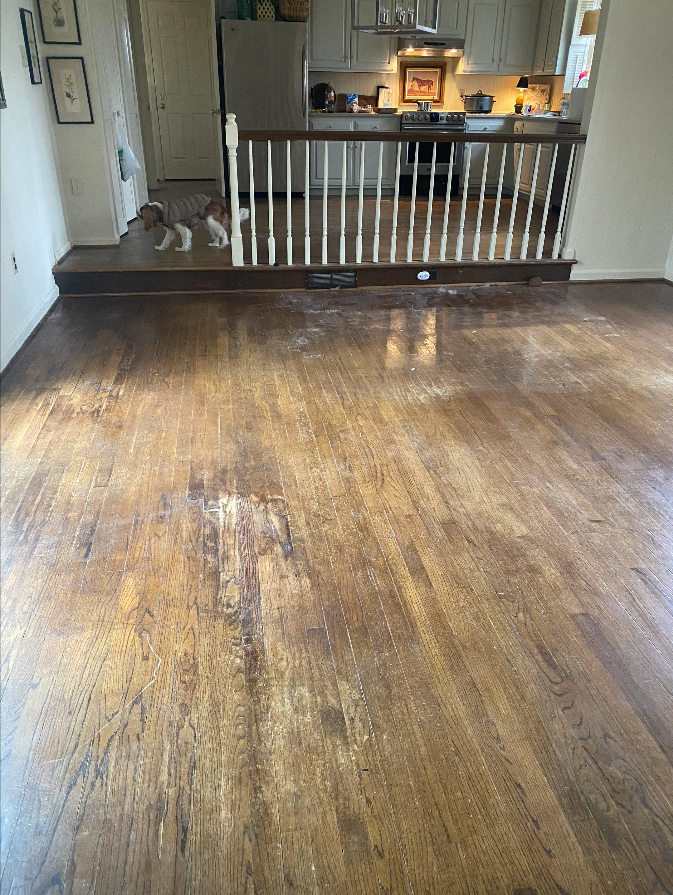 A wooden floor in a living room with a kitchen in the background.