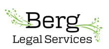 A logo for berg legal services with green leaves on a white background.