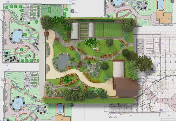 Top-down view of a landscape design featuring a winding path, a central pond, and green spaces layered over blue-print plans.