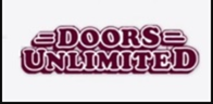 Local Garage Door Repair - Doors Unlimited logo with bold maroon text on a white background.