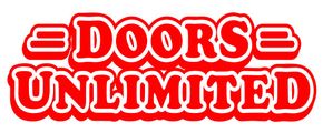 Local Garage Door Repair - Doors Unlimited logo with bold red text on a light background.