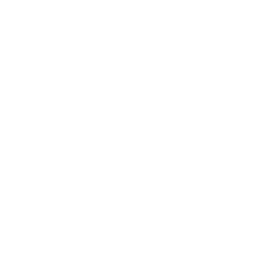 White outline of eco-friendly icon. 2 buildings, a plant, and arrows showing a cycle