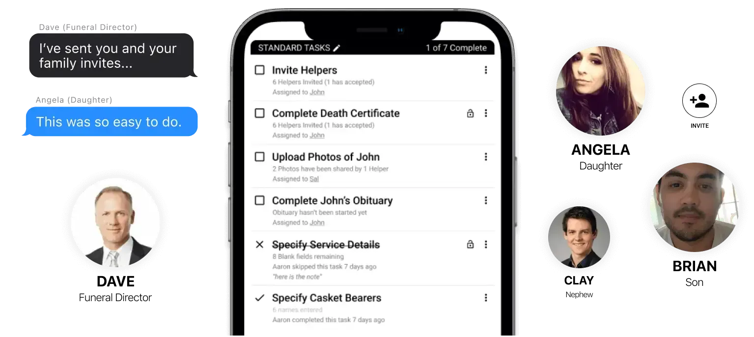 A mobile task list app interface featuring a chat conversation with Dave, surrounded by profile icons for Angela and Brian.