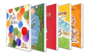 Five children's books displayed in a row, featuring colorful illustrated covers with themes of balloons, nature, and family.
