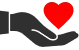 A stylized dark gray icon of a hand gently cradling a bright red heart.