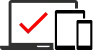 A laptop, tablet, and smartphone icon arranged together, with a large red checkmark displayed on the laptop screen.