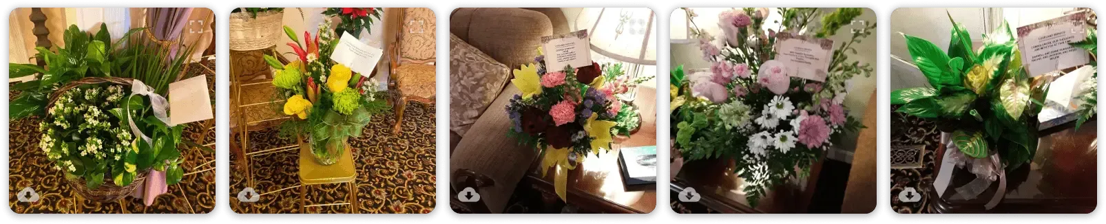 Five distinct floral arrangements in various colors and styles are displayed in a row.