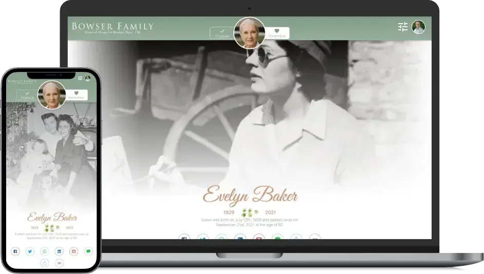 A laptop and a smartphone displaying a genealogy website page featuring a black-and-white portrait of Evelyn Baker.