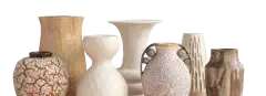 A group of various decorative ceramic vases with different shapes, colors, and textures arranged against a white background.