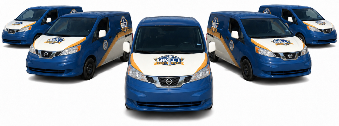 Three blue delivery vans arranged in a group on a white background