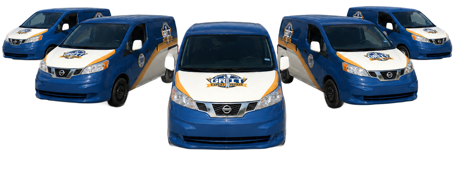 Three blue delivery vans arranged in a group on a white background