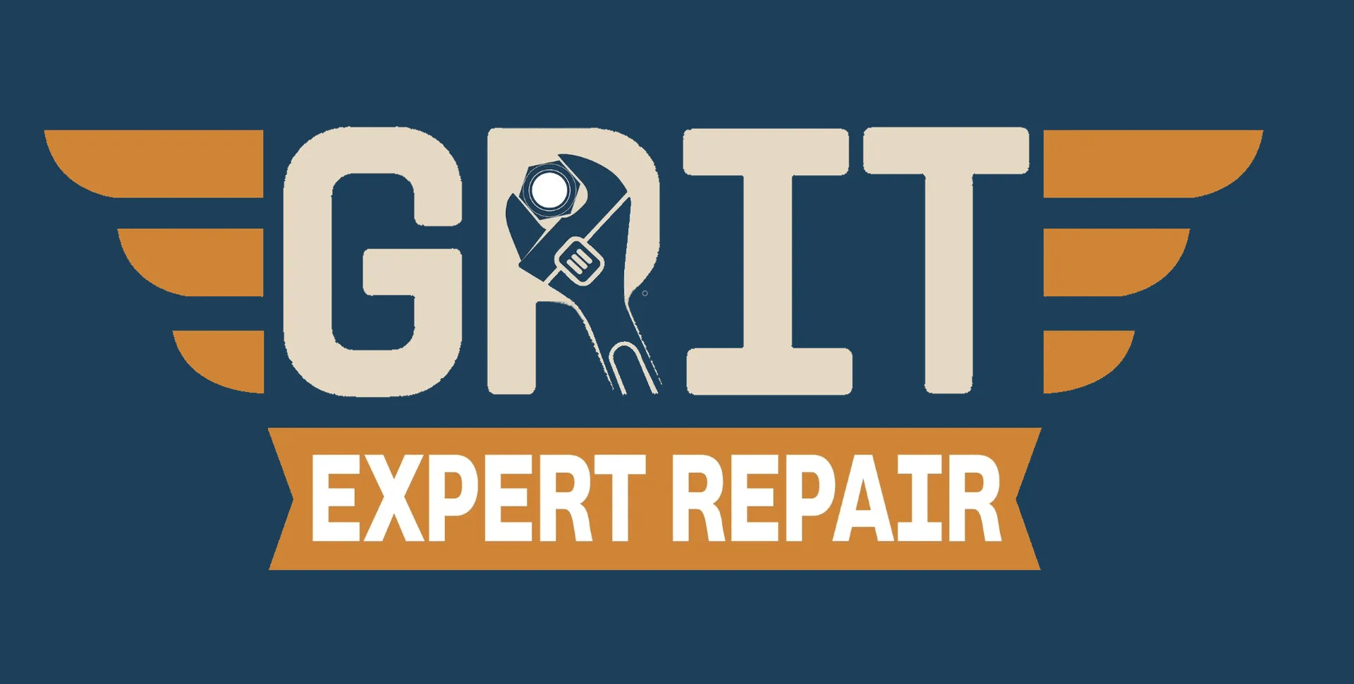 Logo for GRIT Expert Repair: Text in white with a wrench and wings on a blue background.