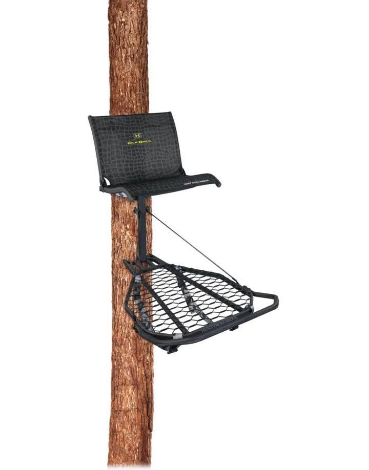 A tree stand is attached to a tree trunk.