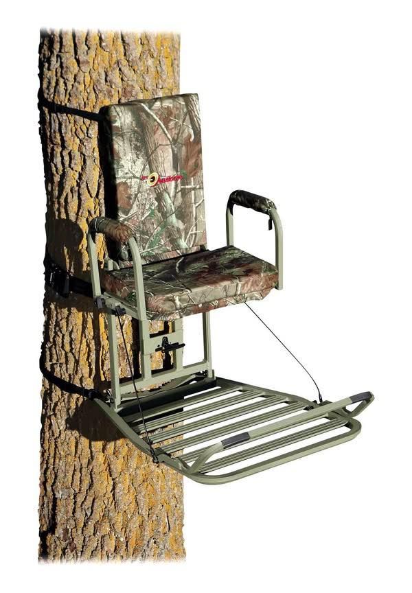 A climbing chair is attached to a tree trunk.
