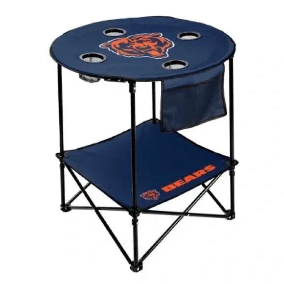 A folding table with a bears logo on it
