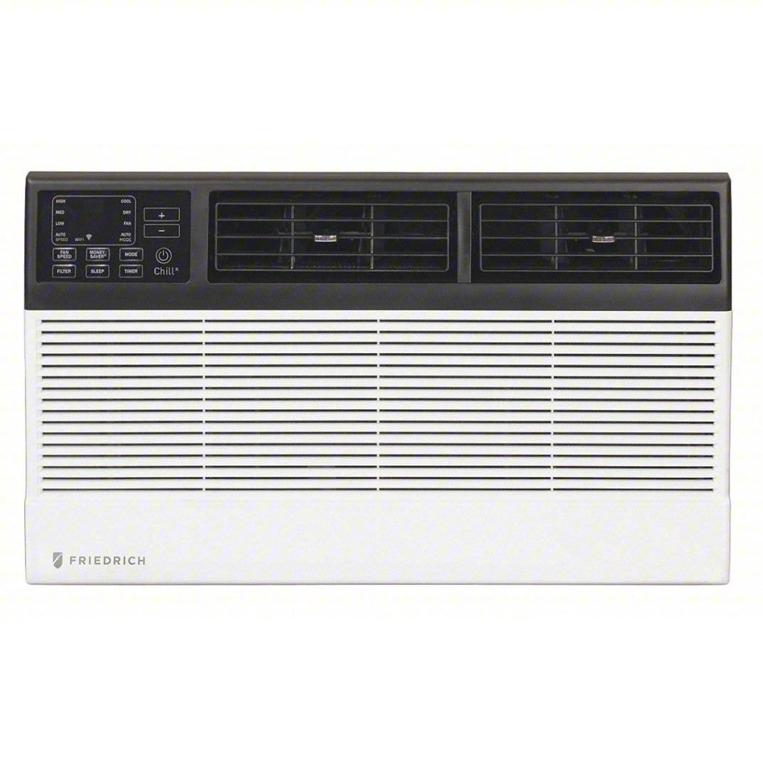 A white air conditioner with a black grille on a white background