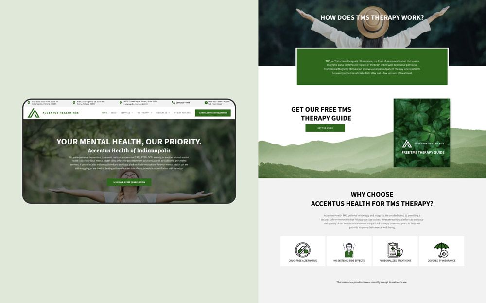 A sample TMS therapy website built by Therapy Sprout for Accentus Health TMS